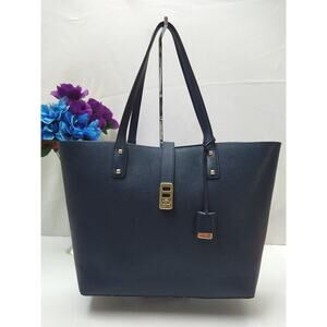 Michael Kors Navy Blue Leather Turnlock Double Handles Tote Bag